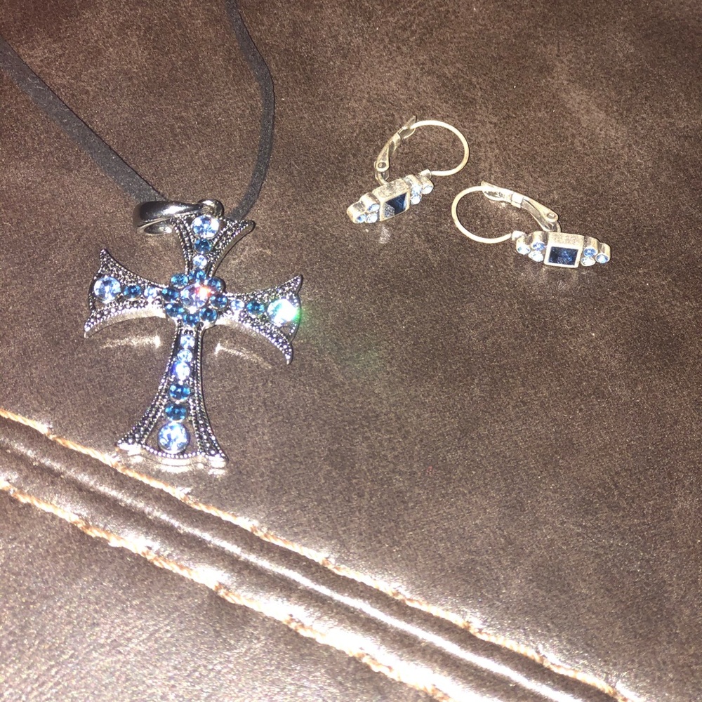 Lia Sophia Blue Divinity Cross Necklace & Earrings